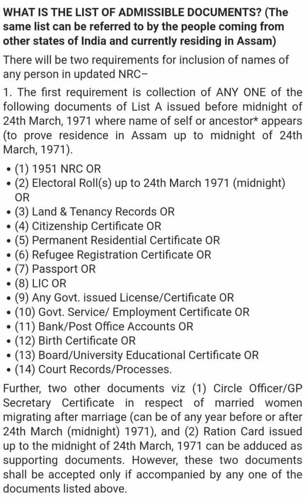 List of documents for NRC registration