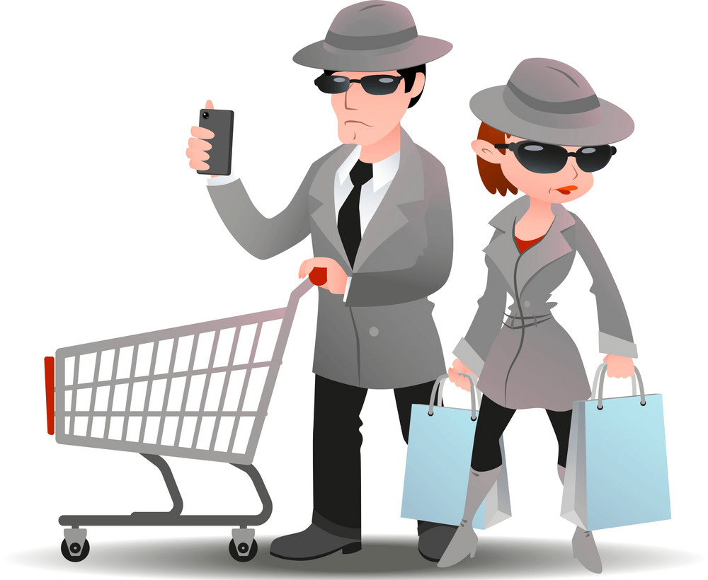 Mystery Shopper man and woman with cart and shopping bags