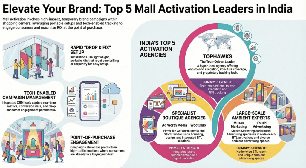 Infographic showing the top 5 mall activation agencies in India: Tophawks, Ad Worth Media, WootClub, Muses Marketing, and Khushi Advertising.