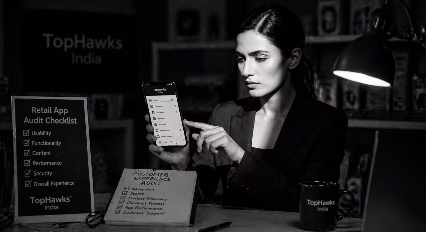 Lady mystery shopper conducting a retail customer experience audit on mobile app for TopHawks India