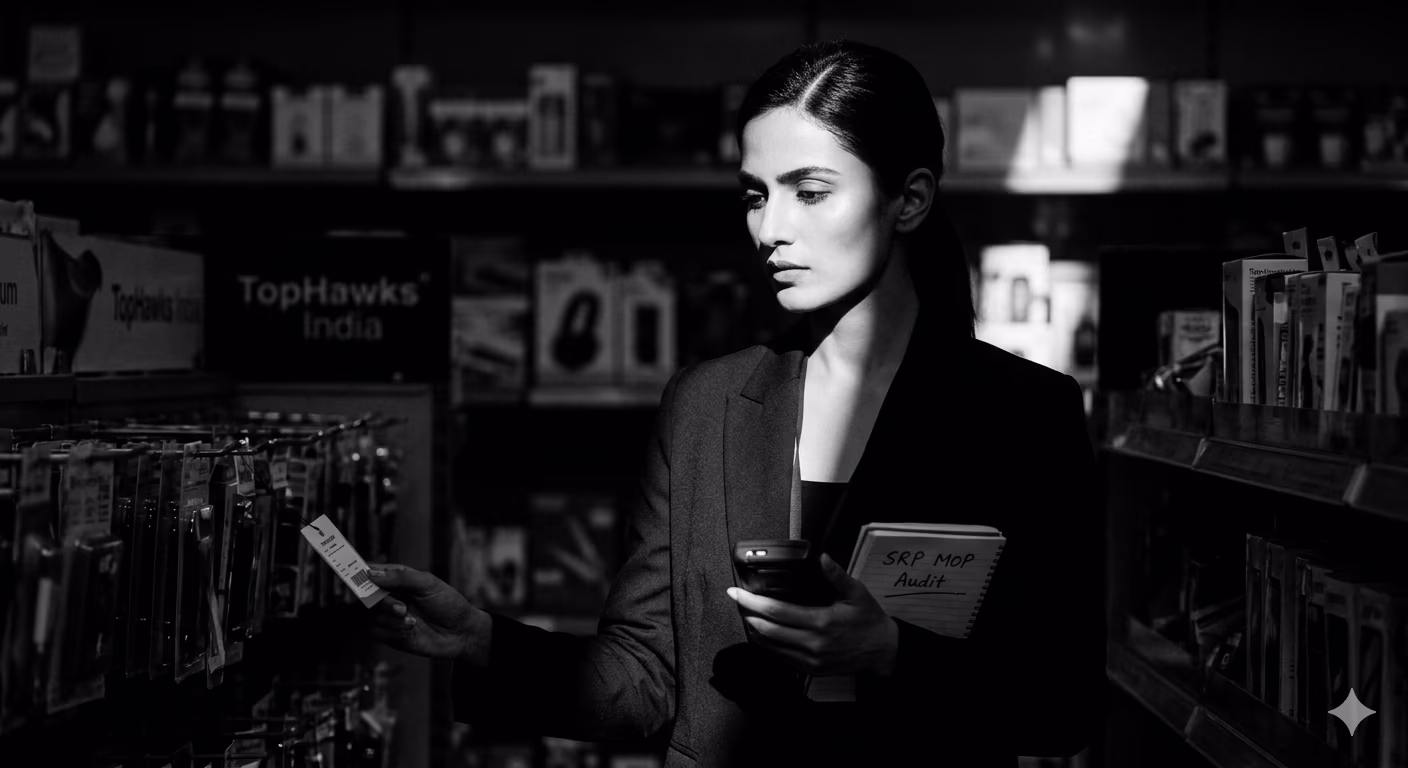 Lady mystery auditor providing real-time feedback and filling a compliance checklist at a retail store for TopHawks India