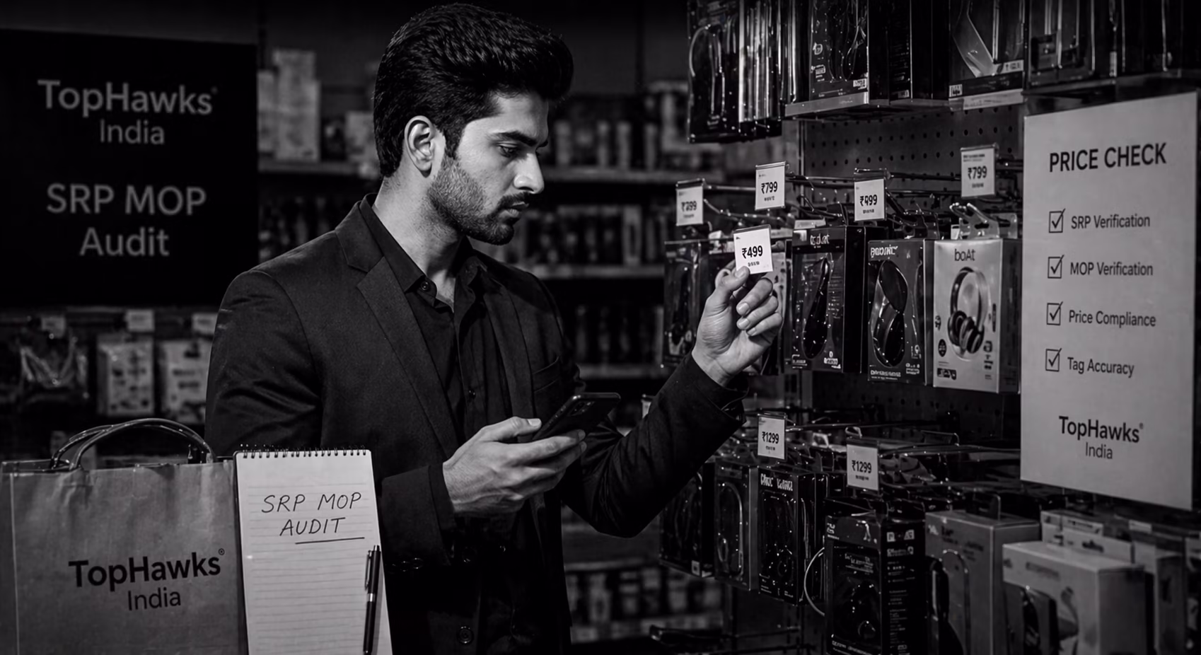 Mystery auditor performing a price check SRP MOP audit at a retail outlet for TopHawks India