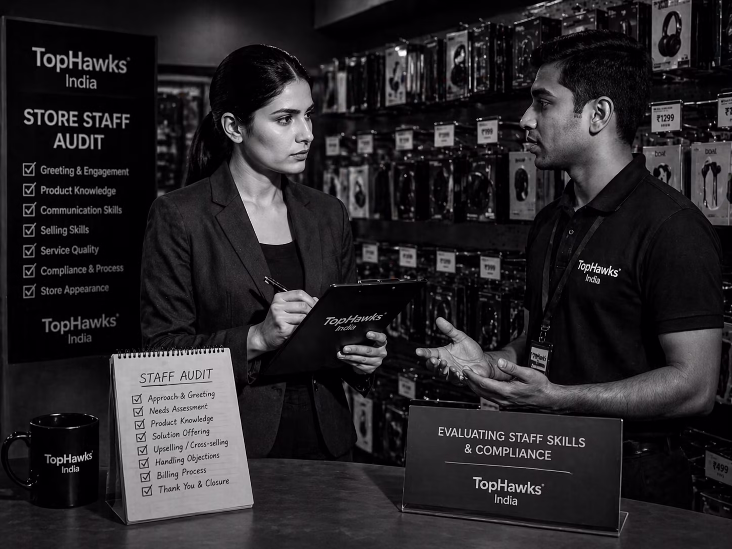 Mystery shopping store staff audit — TopHawks evaluating staff skills and compliance at a retail outlet