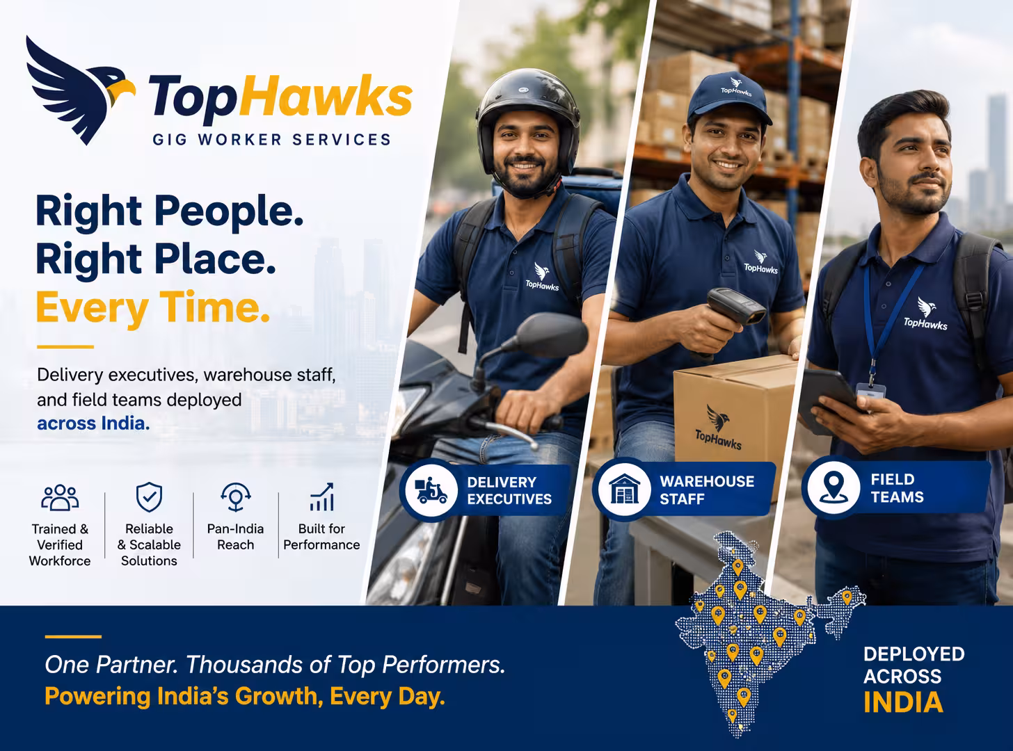 TopHawks gig worker services — delivery executives, warehouse staff, and field teams deployed across India