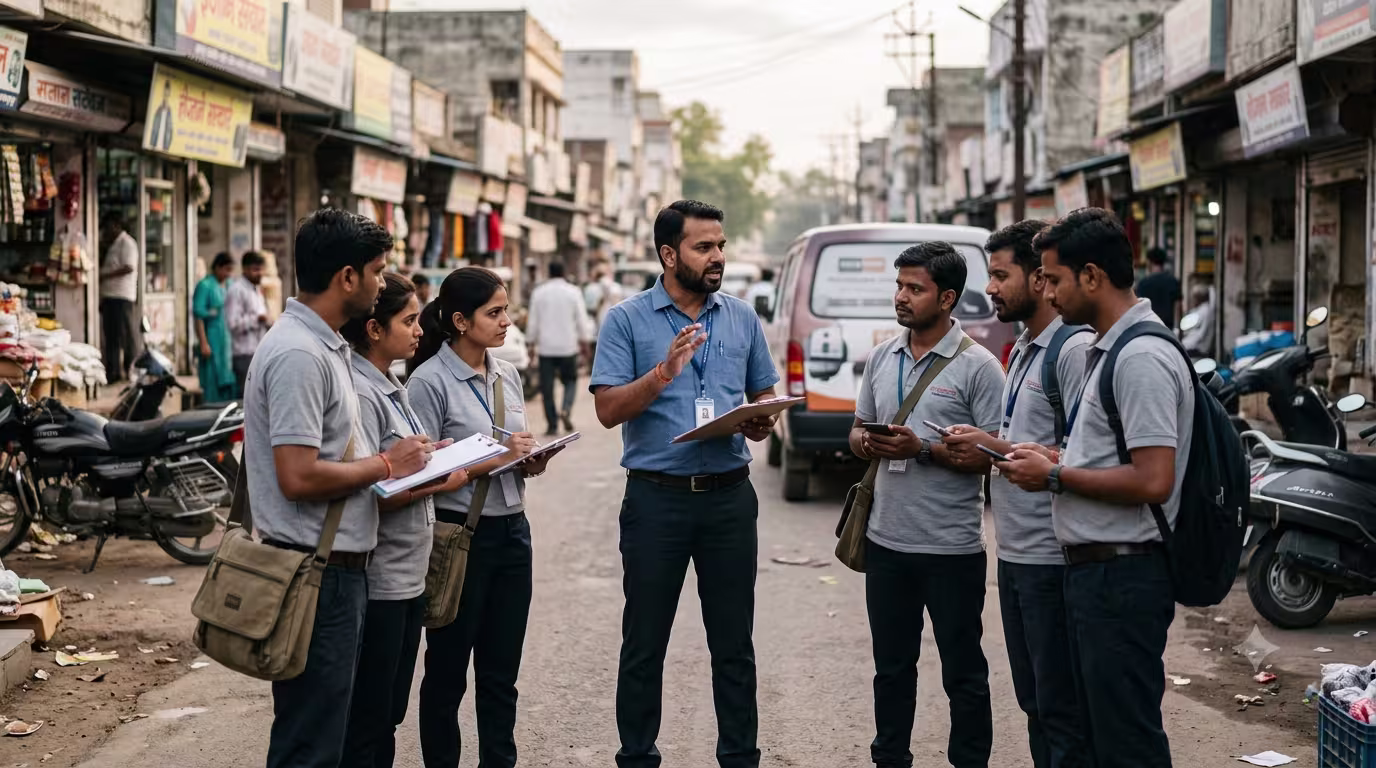 Field sales supervisor briefing a grey-collar sales team before a retail market visit in India